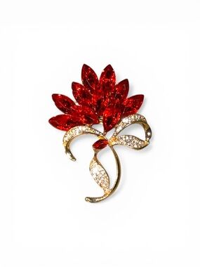 Red Gem Sparkling Floral Brooch in Gold Tone
